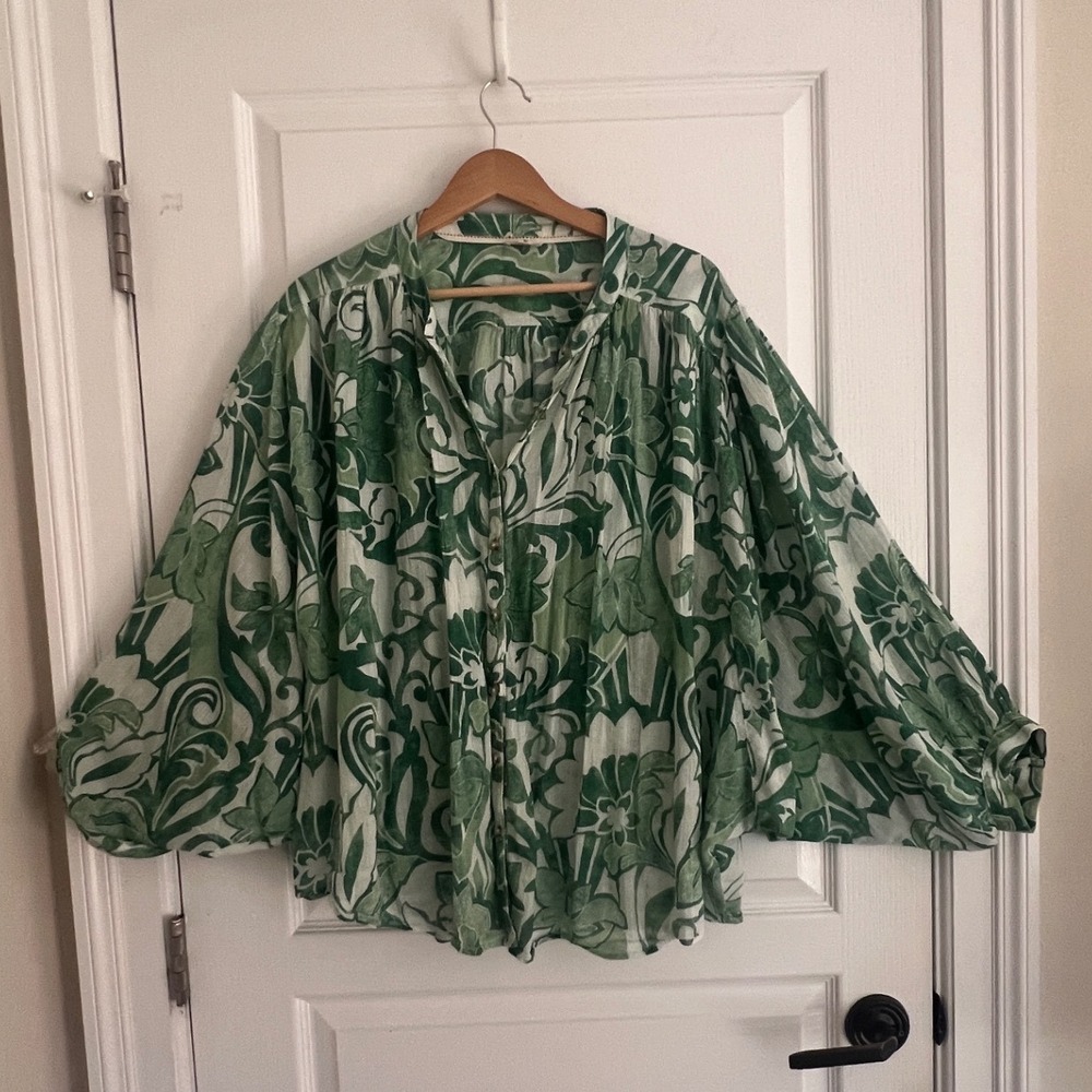 Pilcro Blouse Green White Floral Dolman Sleeve Button Up Boho Flowy Romantic - Picture 7 of 15